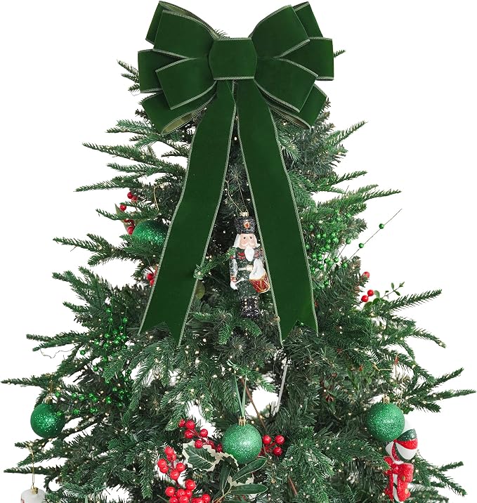 13" Moss Green Bow Pre-Tied Bow for Christmas Tree, Green Velvet Ribbon Bows for Wreaths, Premade Tree Toppers Bows for Gift Wrapping, Party Favor, Christmas Home Indoor Outdoor Decor-1 Count