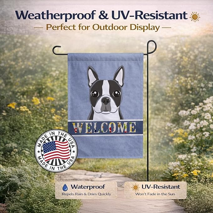 Caroline's Treasures BB1389GF Boston Terrier Welcome Garden Flag, Blue Mailbox Flag Decorative Yard Flag Banner Outside Patio Artwork Yard Flower Beds, Garden Size, Multicolor