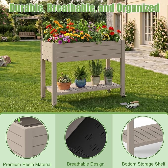 EFU Raised Garden Beds Outdoor, with Wheels for Mobility, Extra Storage Shelf, Water Level Monitoring, 21 Gallon Planter Raised Beds for Vegetables, Herbs, Fruits, Backyard, Patio, Balcony (Grey)