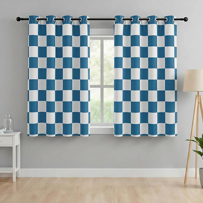 100% Blackout Checkered Curtains – 2 Panels, Each W52×L63, Thermal Insulated, Nosie Reducing for Bedroom, Modern Ocean Blue and White Checkerboard Design