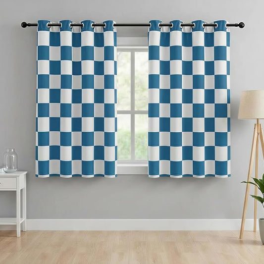 100% Blackout Checkered Curtains – 2 Panels, Each W52×L63, Thermal Insulated, Nosie Reducing for Bedroom, Modern Ocean Blue and White Checkerboard Design
