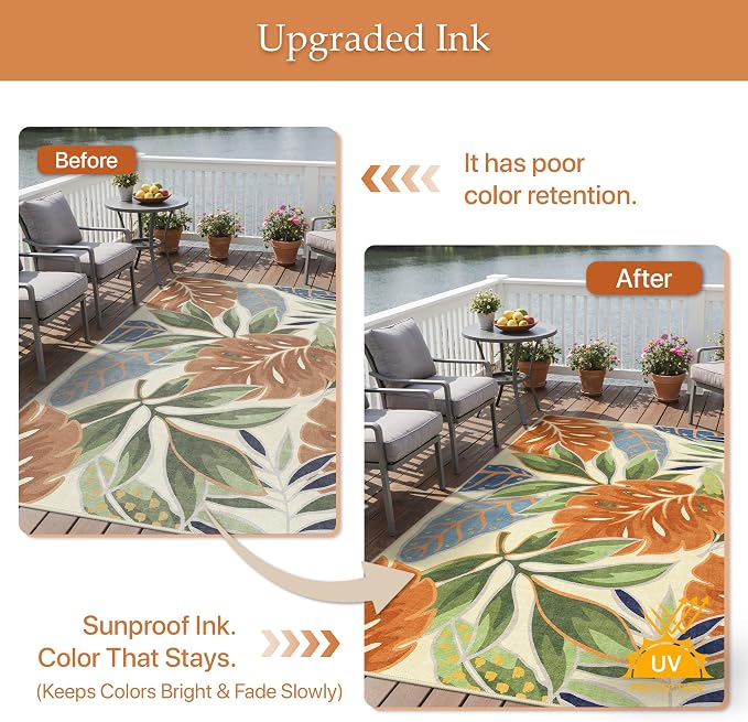GENIMO Outdoor & Indoor Area Rug 4'x6', Waterproof, Non-Shedding, Easy Cleaning, Leaf Mat for Patio, Living Room, Balcony, Dining Room, RV, Deck, Bedroom, Camping, Outside Carpet, Rust Sage