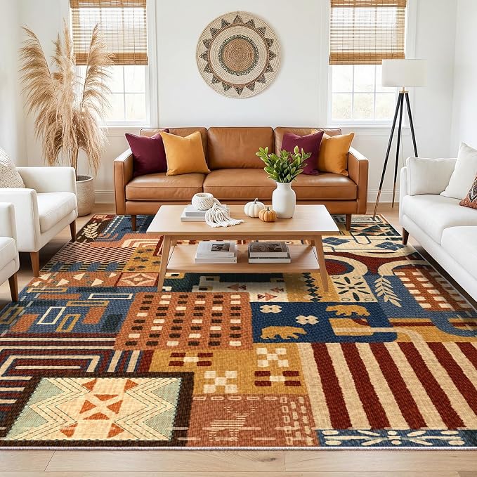 6x9 Area Rug for Living Room, Washable Navy Rust Animal Patchwork Design | Soft Faux Wool Low-Pile Rug with Non-Slip TPR Backing for Living Room, Bedroom, Dining Room and Home Office