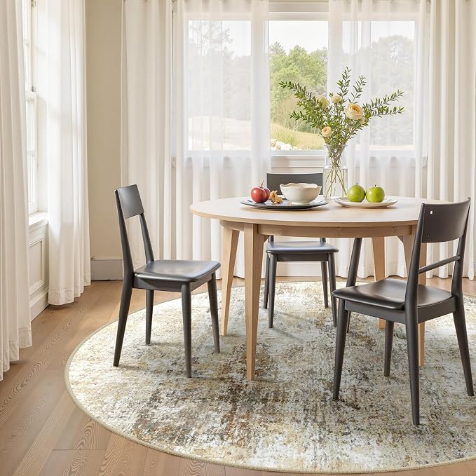 RELEANY Washable Round 6ft Area Rug for Living Room Neutral Brown | Carpet for Bedroom, Kitchen, Office, Hallway and Entryway, Printed Pattern, Non‑Slip, Soft, Stain‑Resistant, Easy to Clean