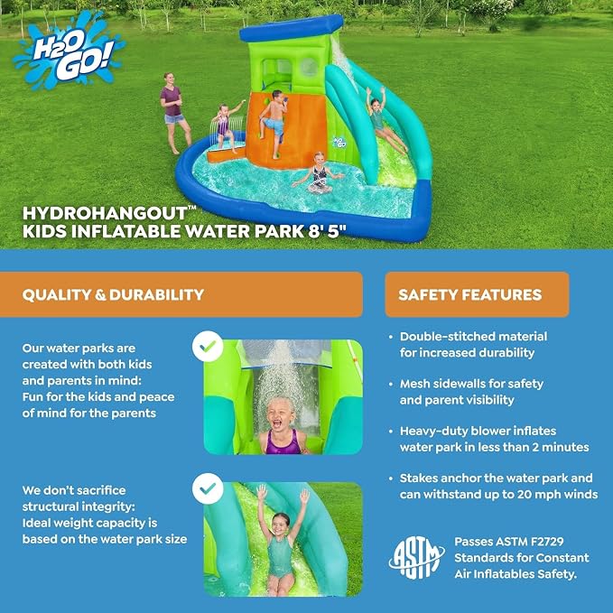 H2OGO! HydroHangout Kids Inflatable Water Park With Heavy-Duty Blower | Inflatable Water Slide, for Kids Ages 5+, 2-Minute Inflation, Durable Material, Sprinkler Wall, Shaded Clubhouse, Splash Pool