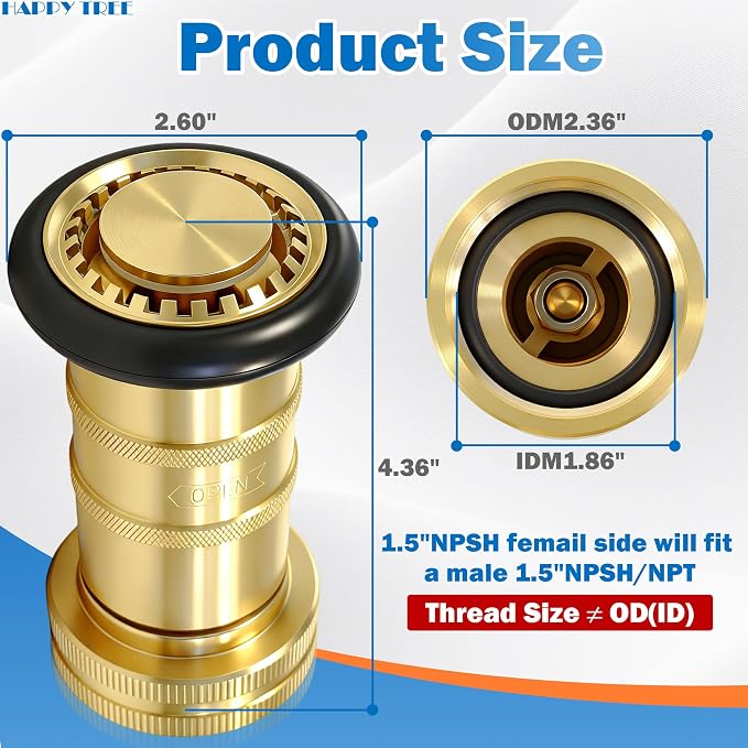 Happy Tree 1-1/2" NPSH Brass Fire Hose Spray Nozzle 85 gpm Fire Equipment Heavy Duty Industrial Jet Fog Nozzle 100 psi