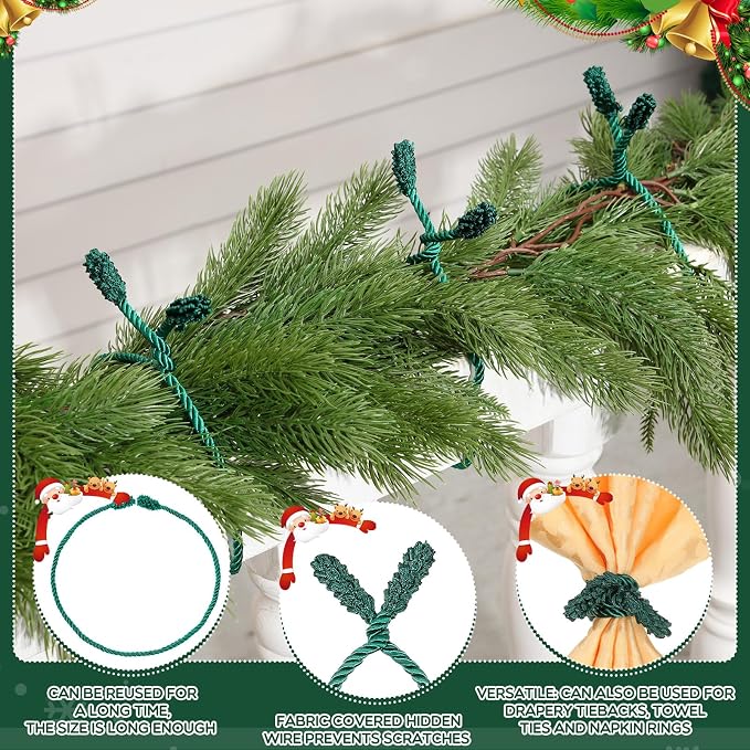 Zhengmy 24 Pcs 30 Inch Christmas Garland Ties Decorative Twist Ties for Banister Reusable Flexible Twist for Stairway Christmas Garland Hanger Xmas Railing Decor Holiday Craft Wrapping(Green)