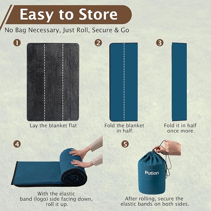 PuTian Waterproof Outdoor Blanket 79"X57" Packable, Stadium & Car Camping Blanket with Corduroy Fleece Lining, Windproof Throw for Picnic Hiking Road Trip, Machine Washable, Blue 350GSM