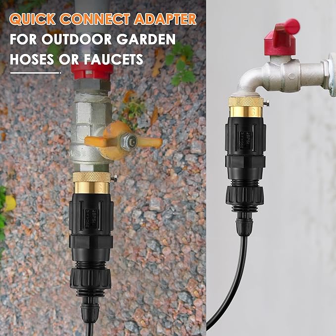 Drip Irrigation Faucet Adapter 25 PSI, 1/4" Tubing Quick Connect to 3/4" Garden Hose with Backflow Preventer, Filter, Plumbers Tape, Pressure Regulator, Copper Drip Irrigation System Fittings