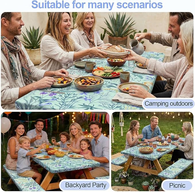 Picnic Table Cover with Bench Covers Camping Essentials Waterproof Windproof Camping Tablecloth with Drawstring Bag, Fitted Rectangle Tables and Seats, 96in, Gray Blue