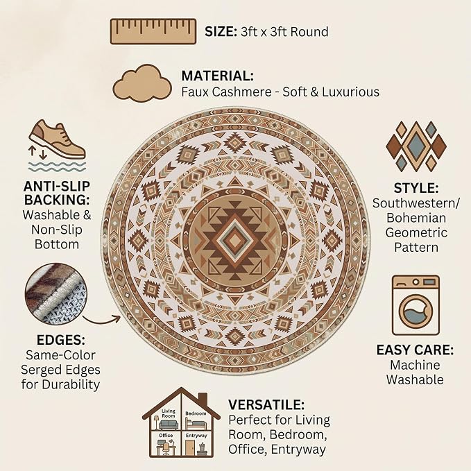 3ft Round Southwestern Rug, Geometric Tribal Pattern, Non-Slip Mat | Stain-resistant and machine-washable design for easy care, complemented by reinforced edges for lasting durability.