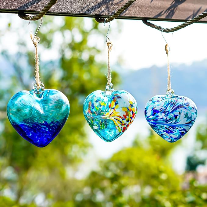 Set of 3 Handmade Glass Heart Ornament 3.9 Inch Blue Friendship Heart Balls | Hand-Blown Craftsmanship, Easy-Hang Lanyard Design for Indoor & Outdoor Hanging