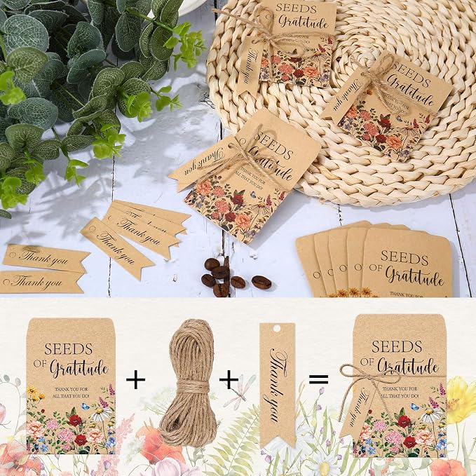 JarThenaAMCS 50 Sets Spring Wildflower Seed Packets Seeds of Gratitude Adhesive Kraft Envelopes Floral Seed Storage Bags with Thank You Tags for Guest Birthday Wedding Party Favors(No Seeds Include)