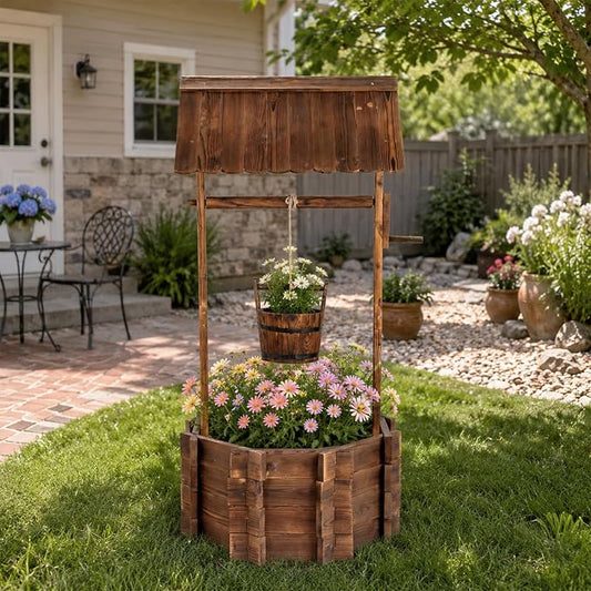 VINGLI Wooden Wishing Well Outdoor Planters, Well Covers for Yard with 4 Reinforced Rods, Height Adjustable Hanging Bucket, Rustic Flower Pot Decor for Outside Patio Garden(Carbonized, 25" Width)