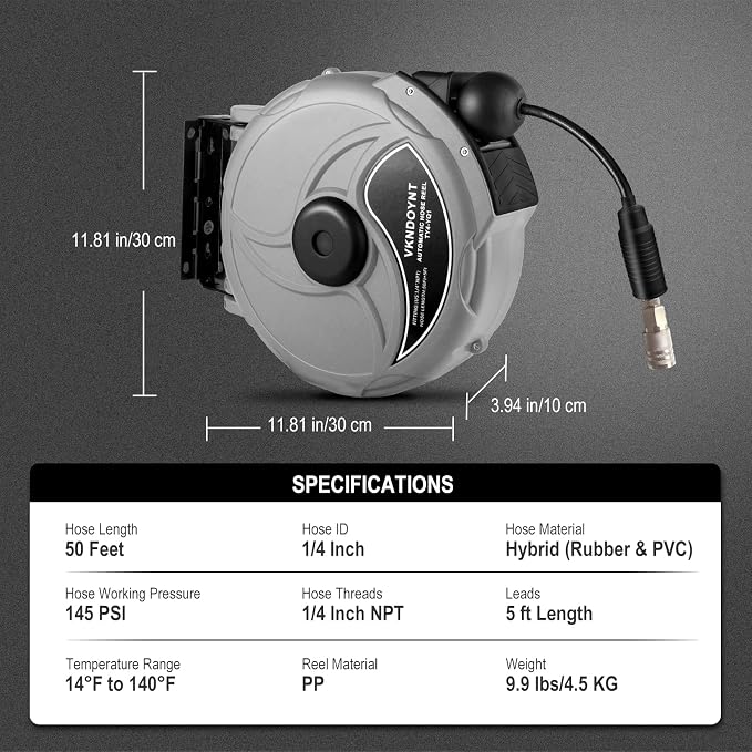 Retractable Air Hose Reel, 1/4 in x 50 FT Hybrid Polymer Hose, Air Compressor Hose Reel with 5 ft Lead in, Ceiling/Wall Mount Enclosed Air Reel, 180° Swivel Mount, Gray/Black
