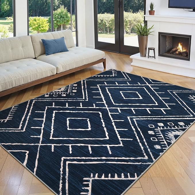LIVEBOX Western 5x7 Area Rug, Navy Washable Rugs for Living Room Bedroom, Non Slip Moroccan Tribal Rug Low Pile Soft Geometric Boho Large Area Rugs Diamond Carpet for Dining Room Home Office Decor