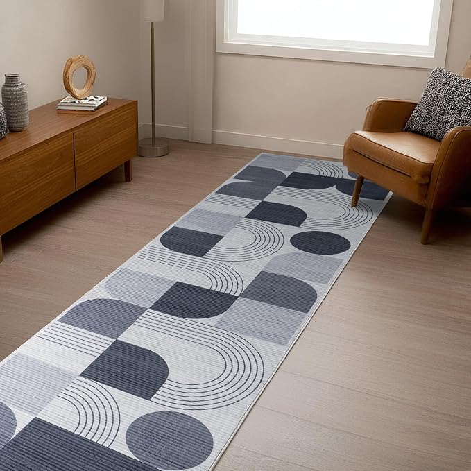 Soft Modern Geometric Abstract Machine Washable 2x6 Runner Rug | Grey Rugs for Bedroom Living Room, Non-Shedding Faux Wool Indoor Throw Floor Carpet for Office Entryway Dining Room Decor