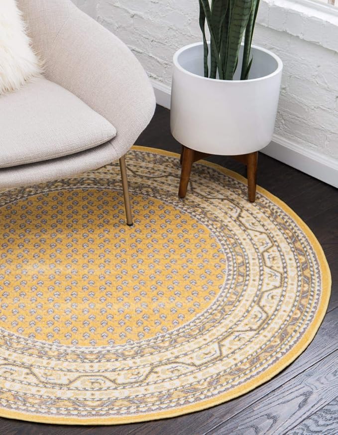 Unique Loom Williamsburg Collection Traditional Border with Dotted Center Area Rug, Round 8' 0" x 8' 0", Yellow/Beige