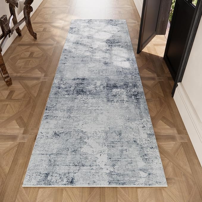 Machine Washable Rug Runners for Hallways: 2x10 Long Runner Rug Non Slip Low Pile Soft Faux Wool Distressed Vintage Lightweight Carpet Runners for Kitchen Entryway Bedroom Dining Room Foyer Office