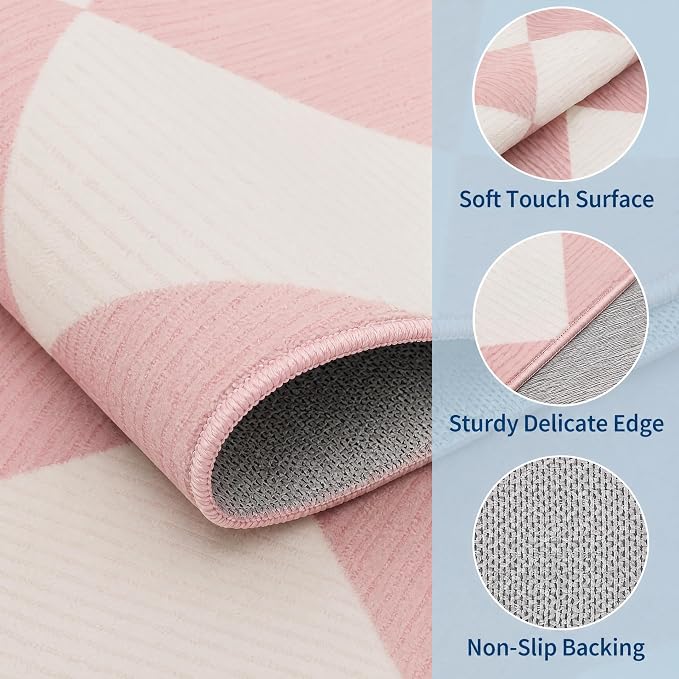 GarveeHome Checkered Hallway Runner Rug 2.5x8 Pink Kitchen Rug Non Slip | Long Soft Diamond Print Entryway Rug Thin Laundry Mat Stain Resistant Carpet for Bedroom Bathroom Beside