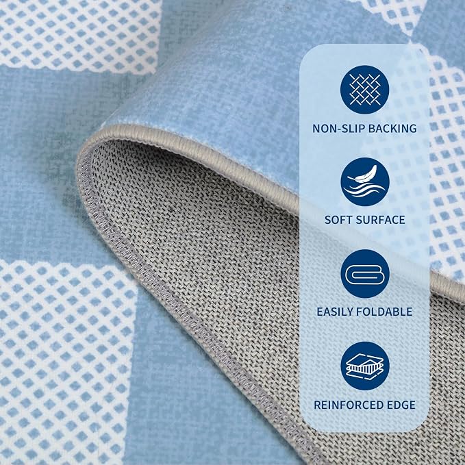 GarveeHome Checkered Blue 3x5 Washable Coastal Rug Low-Pile Nursery Bedroom | Light Blue Small Area Rug for Bathroom Entryway Non-Slip Soft Stain Resistant Geometric Rugs TPE Backing