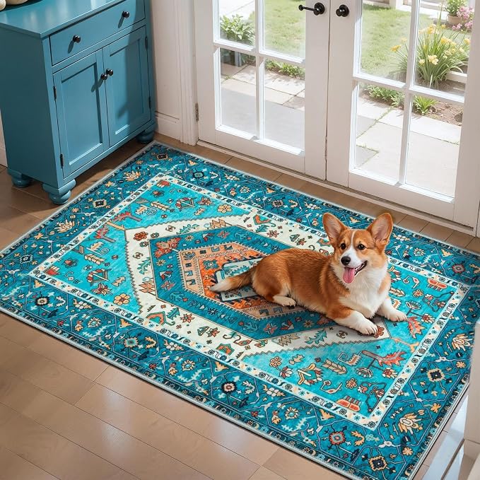 SERISSA 2x4 Washable Non Slip Boho Runner Rug for Entryway，Blue | Ultra Soft Vintage Oriental Carpet Low-Pile Tribal Entrance Carpet for Kitchen Bedroom Hallway Laundry Room Bathroom