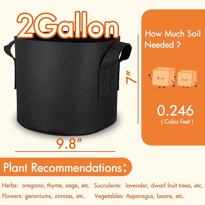 Gardzen 20-Pack 2 Gallon Grow Bags, Aeration Fabric Pots with Handles, Heavy Duty Plant Bags for Plants