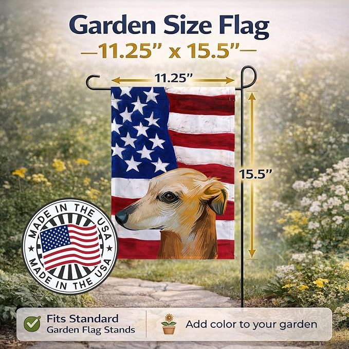 Caroline's Treasures CK6530GF Galgo Espanol Dog American Flag Garden Flag Mailbox Flag Decorative Yard Flag Banner Outside Patio Artwork Yard Flower Beds, Garden Size, Multicolor