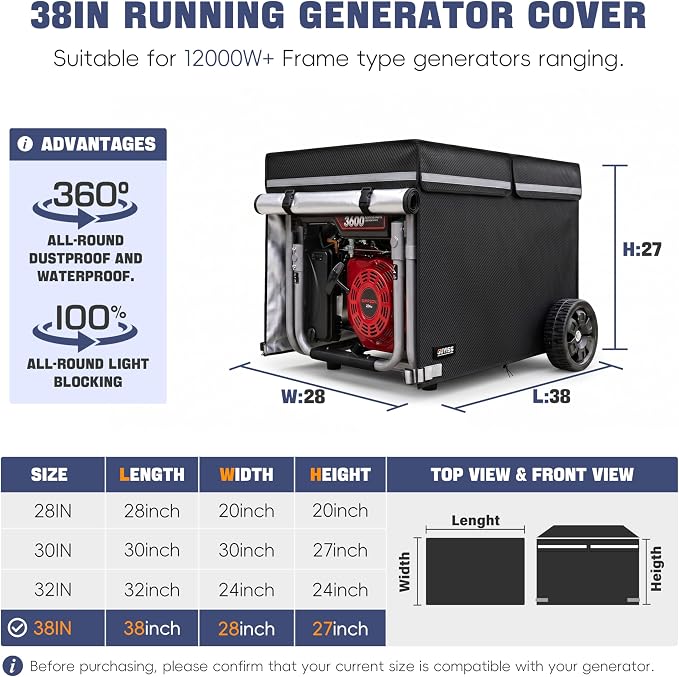 Running Generator Cover. Outdoor Generator Covers, 38x28x27 Inch, Top Can Be Opened, 100% Heavy Duty Waterproof Oxford Fabric. Suitable for Most Generators Cover 10,000 Watts. Black