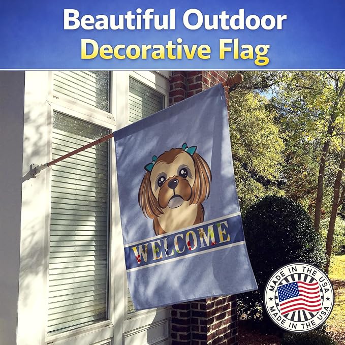 Caroline's Treasures BB1435CHF Chocolate Brown Shih Tzu Welcome House Flag, Blue Large Porch Sleeve Pole Decorative Outside Yard Banner Artwork Wall Hanging, Polyester, House Size, Multicolor