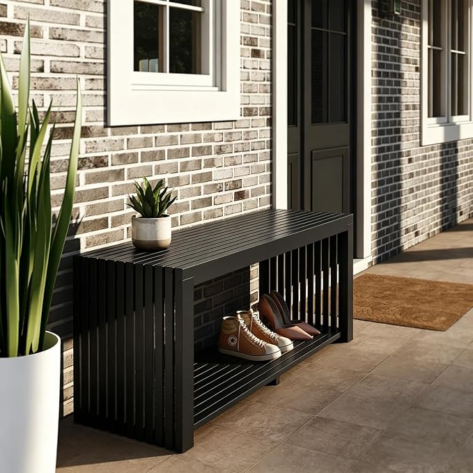 Bamboo Bench with Shelf, 35'' Entryway Bench Seat, Black | Shoe Bench for Entryway, Hallway, Doorway, Modern Benches for End of Bed Bench, Low Bench for Window