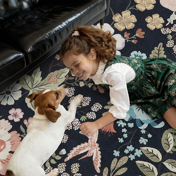 DCX Vintage Floral Washable Area Rug 2x6, Non Slip Low Pile Rug, Black | Rugs for entryway, kitchen, dining room, office, soft, kid & pet friendly, sain resistant indoor carpet, home decor