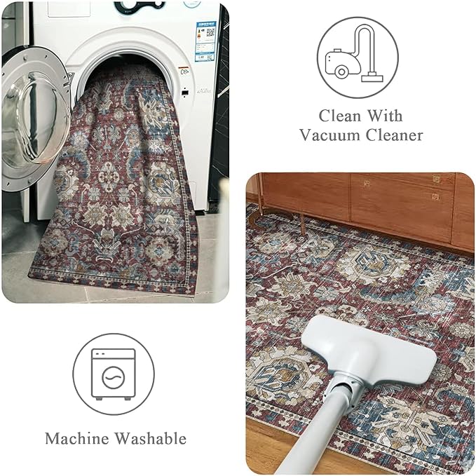 Washable Area Rugs - Perfect for Living Room, Bedroom, Kids Room, Nursery - Stain & Water Resistant Non-Slip, Pet & Child Friendly, Vintage Tribal Area Rugs (Rust and Blue, 5' x 7')