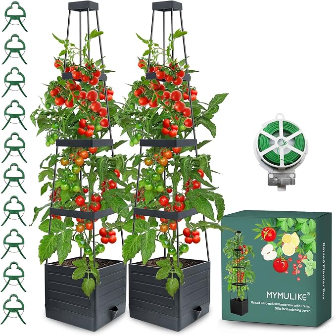 MYMULIKE 2 Pack Raised Garden Bed Planter Box with Trellis, 58” Tomato Cage Planter Raised Garden Bed with Trellis for Climbing Vegetables Plants Tomato Cage w/Self-Watering, Indoor Outdoor Use