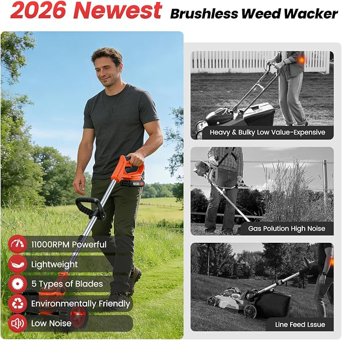 24V 3-in-1 Cordless Weed Wacker, Electric Grass Trimmer Edger Brush Cutter with Wheels, Lightweight Adjustable String Trimmer, 2 Pack 2000mAh Batteries & Fast Charger for Lawn Yard Garden Care, Orange