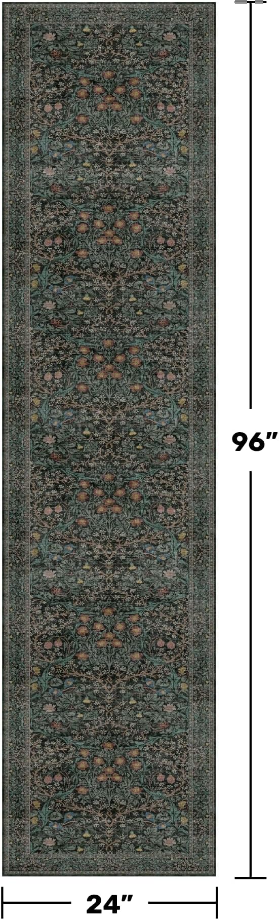 Dark Green Washable 2x8 Runner Rug Non Slip for Kitchen, Hallway, Entryway Indoor, 8ft Long Rubber Backed Low Pile Carpet Runners - Stain Resistant Vintage Floor Décor