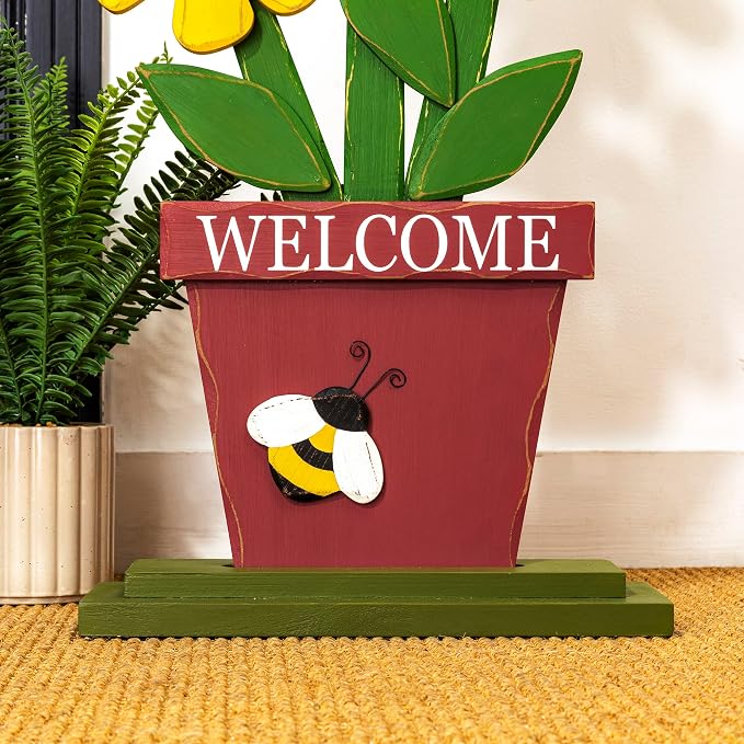 Glitzhome 30 Inch Welcome Sign for Front Door Porch Standing, Outdoor Decor with Wooden Trio Flowers, Yard Sign for Patio Front Door Outside