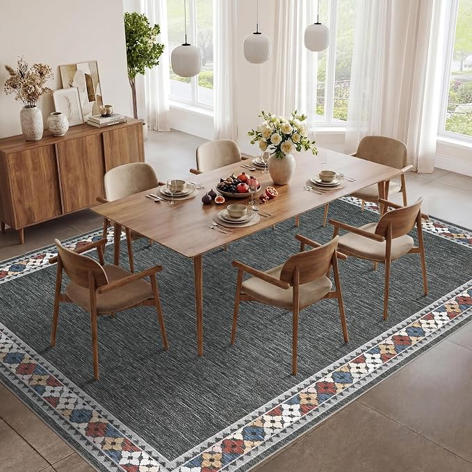 Garvee 5x7 Area Rugs Tribal Border Washable Rugs Living Room, Dark Gray | Floral Border Area Rug Stain Resistant Easy Cleaning Throw Rugs Non Shedding Low Pile Floor Cover for Nursery Dining Room