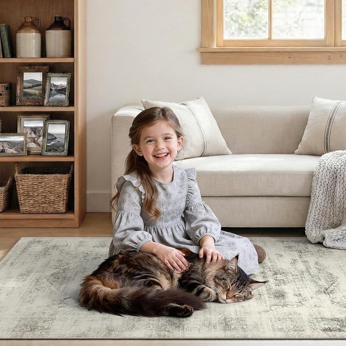DCX Washable 8x10 Vintage Rug Stain Resistant Distressed Beige Rug | Kid & Pet Friendly with Rubber Back Non Slip Soft Low Pile Large Carpet for Living Room, Bedroom, Home Office