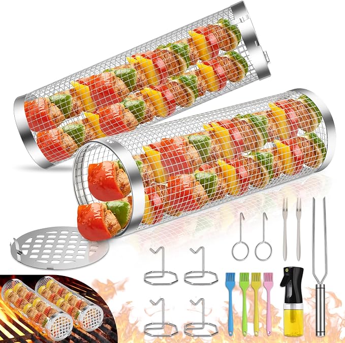Grill Baskets for Outdoor Grill- 2 PCS, Rolling Grilling Basket, Stainless Steel BBQ Grill Mesh Grilling Accessories for Fish, Shrimp, Meat, Veggies, Fries, Grilling Gift for Men Dad Husband
