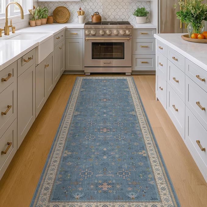 Boho 2'6"x10' Wide Runner Rugs for Hallway Non Skid- 10ft Light Blue Washable Non Slip Long Entryway Rug, Low Pile Geometric Floral Indoor Décor