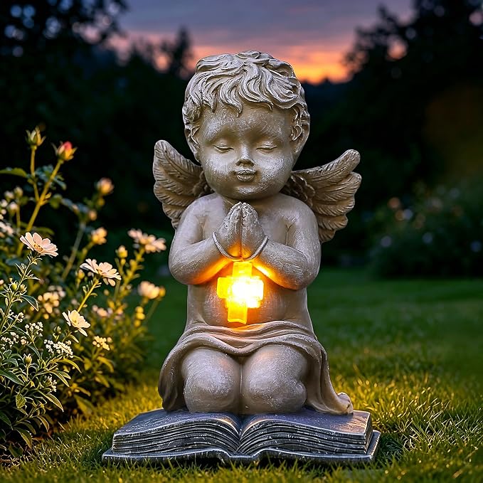 Solar Cherub Statue for Outside - Angel with Glowing LED Cross Light | Guardian Angel for Cemetery, Yard, Pathway, Lawn Decor, Memorial Gardens Gifts