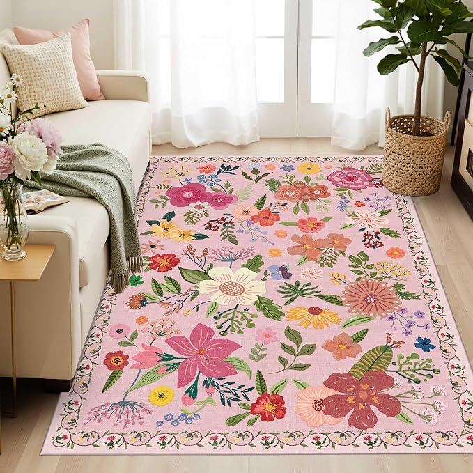 Latte&Fog 3x5 Entryway Area Rugs, Washable Floral Pink Rugs for Living Room | for Girls Bedroom Dining Kitchen Kids Playroom Nursery Classroom Dorm Farmhouse Office, Non Slip Low Pile Soft Floral Carpet
