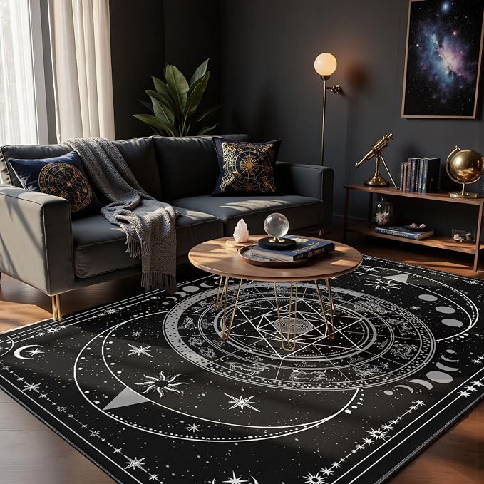 Nayoroom Black Celestial Witchcraft Area Rug, Machine Washable, 8 x 10 ft | Moon phases and tarot motifs; Gothic style; Soft surface; Machine washable; Non-slip backing; Bedroom or altar space