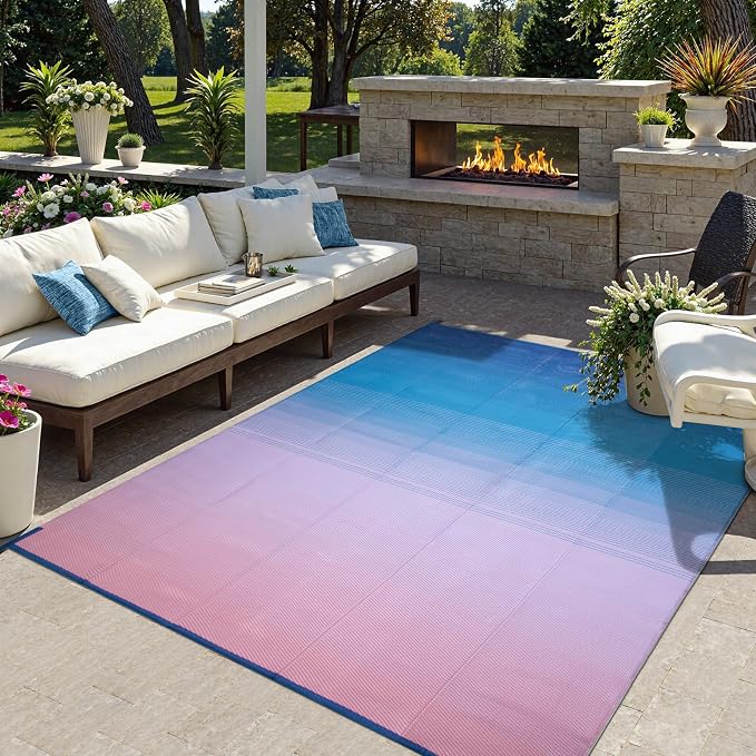 Lahome 6x9 Outdoor Rugs for Patios, Waterproof Camping Deck Rugs for Tents, Lightweight Plastic Straw Rugs for Outside Balcony Backyard Garden, Blue Pink 6'x9'