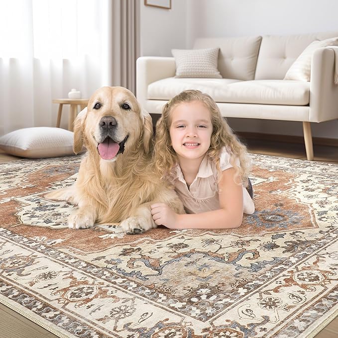 10x14 Washable Area Rug: Vintage Neutral Soft Non Slip Thin Large Floor Carpet for Living Room Bedroom Kitchen Dining Room Home Office Farmhouse Indoor - Brick Red