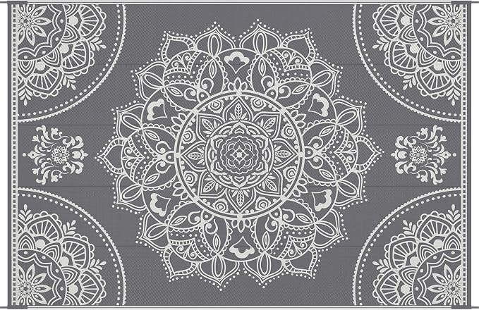 Pauwer Waterproof Outdoor Rug 6x9, Reversible Plastic Straw Patio Camping Rug, Indoor Outdoor RV Mat Carpet for Deck, Camper, Porch, Balcony, Backyard, Picnic, Floral Grey