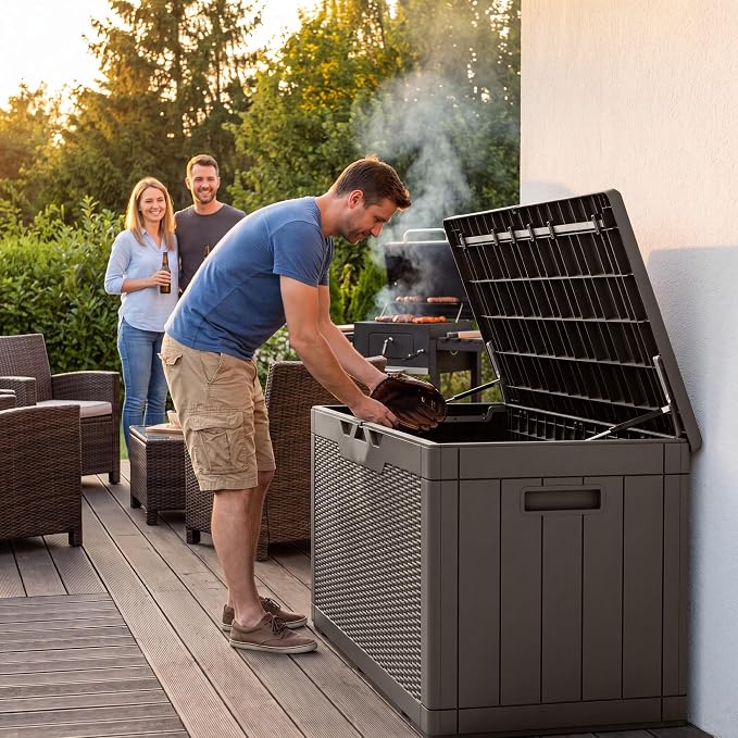 Flamaker Outdoor Storage Box 100 Gallon Waterproof Resin Deck Box Delivery with Air Rod Indoor Outdoor Lockable Storage Bench for Patio Cushions, Tools, Pool Accessories (Deep Brown)