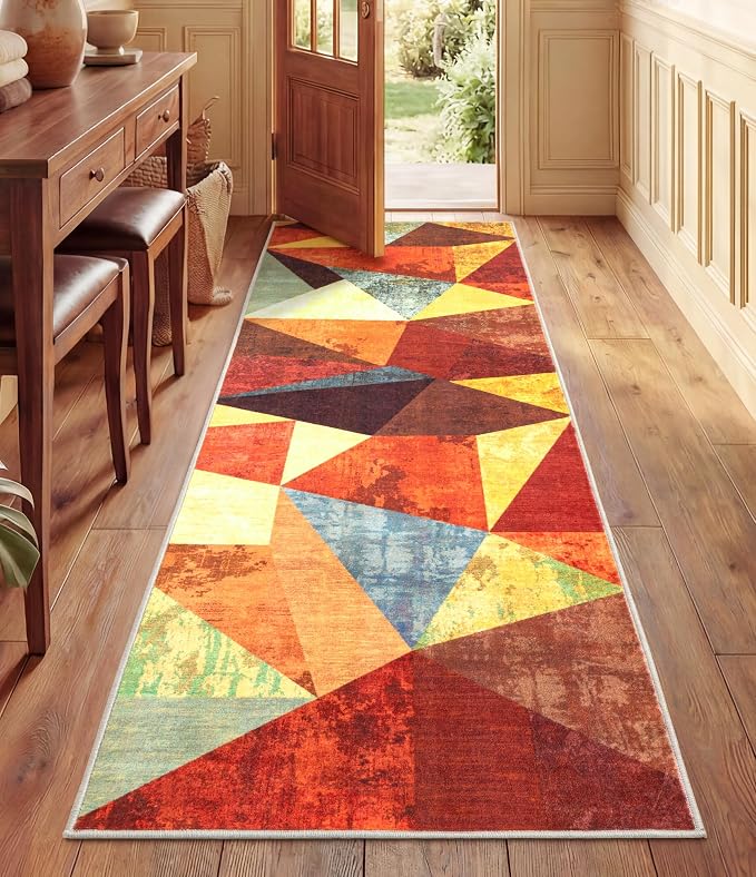 Brown Runner Rug 2x6 for Hallway,Geometric Burnt Orange Area Rug Non Slip,Farmhouse Rugs Washable,Vintage Burgundy Carpets, Boho Rug for Kitchen