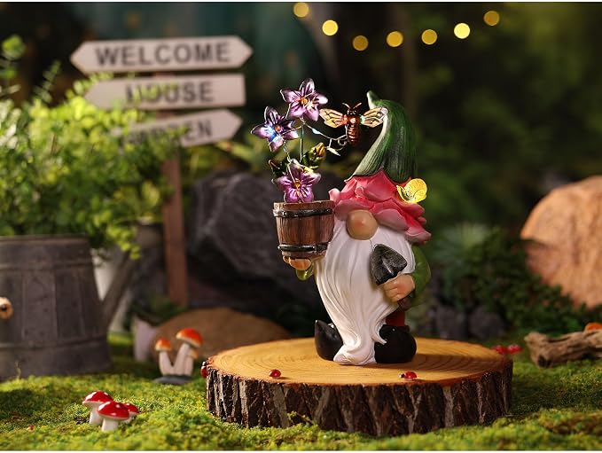 Outdoor Garden Gnomes Statues with Solar Lights Gnomes Gardening Birthday Gifts for Women Mom Grandma, Gnome Sculpture Figurine Outside Garden Decorations for Yard Patio Porch Lawn Backyard Decor